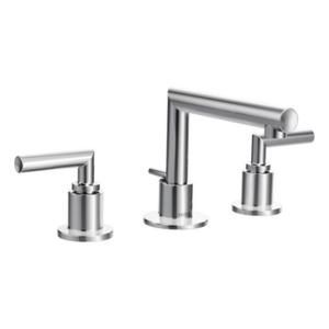 A stainless steel bathroom sink faucet with three handles on a white background.