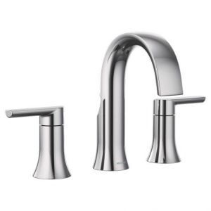 A stainless steel bathroom sink faucet with two handles on a white background.