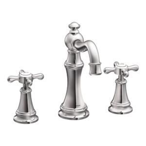 A bathroom sink faucet with three handles on a white background.