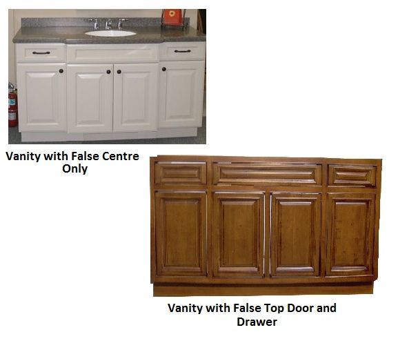 A vanity with false centre only and a vanity with false top door and drawer