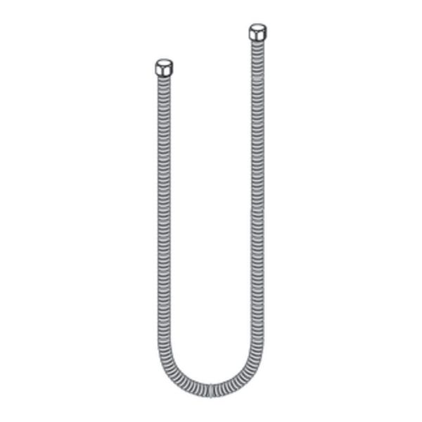 A stainless steel shower hose with two connectors on a white background.