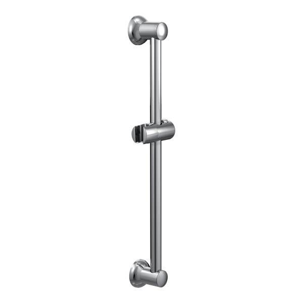 A stainless steel shower rail with a shower head attached to it.