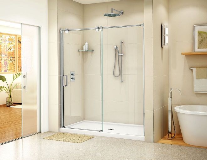A bathroom with a walk in shower and a bathtub