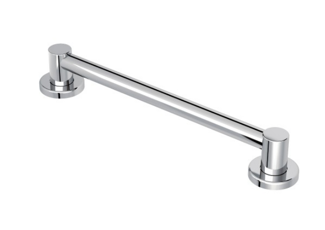 A chrome towel bar is shown on a white background.