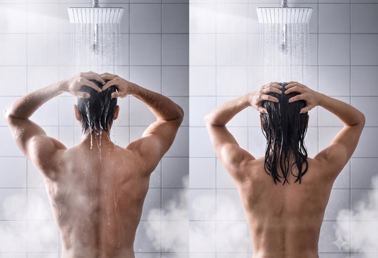 A woman in a black swimsuit is taking a shower.