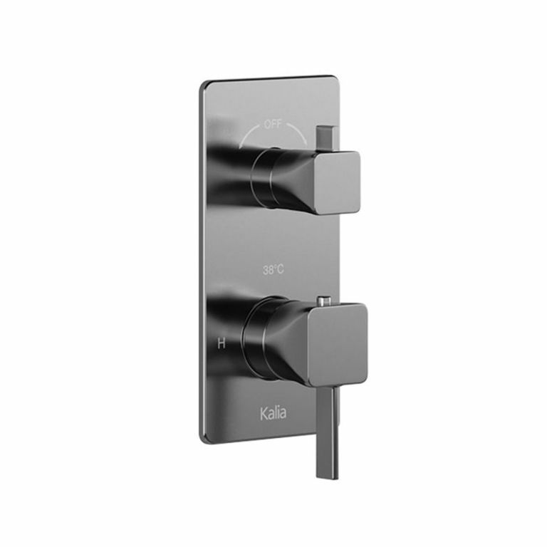 A black shower valve with two handles on a white background.