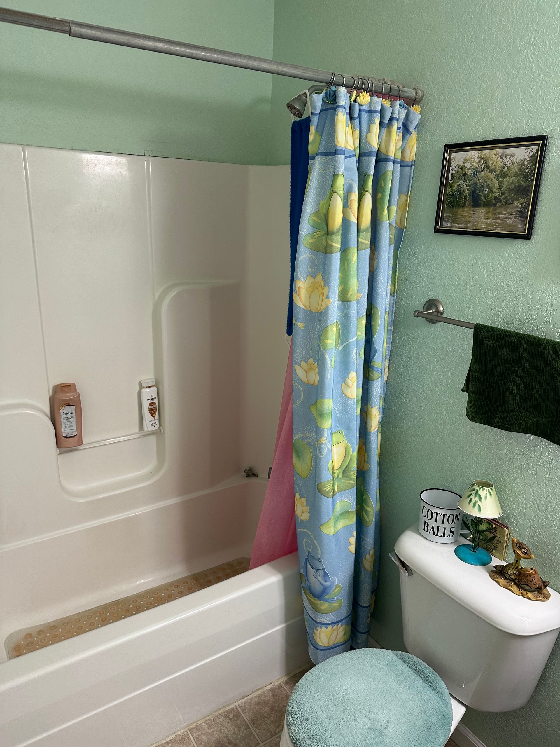 A bathroom with a bathtub , toilet , and shower curtain