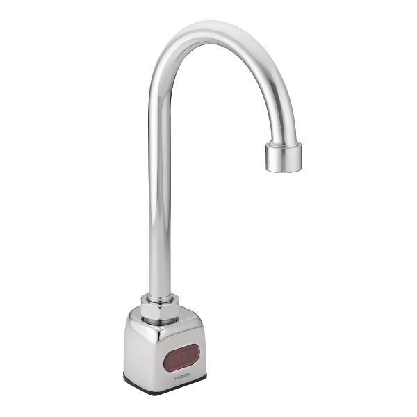 A stainless steel faucet with a square base on a white background.