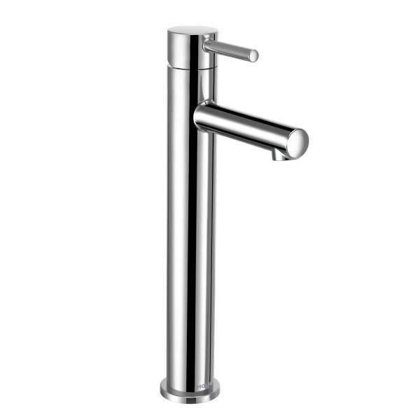 A stainless steel bathroom sink faucet with a long handle on a white background.