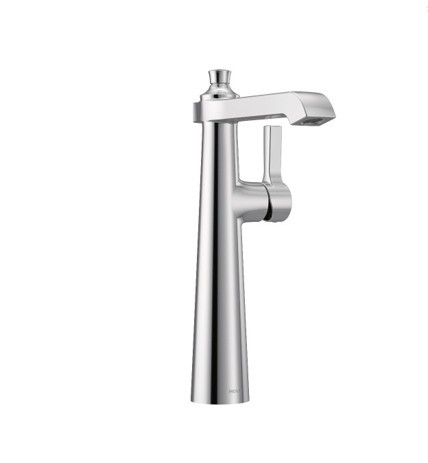 A chrome bathroom sink faucet with a handle on a white background.