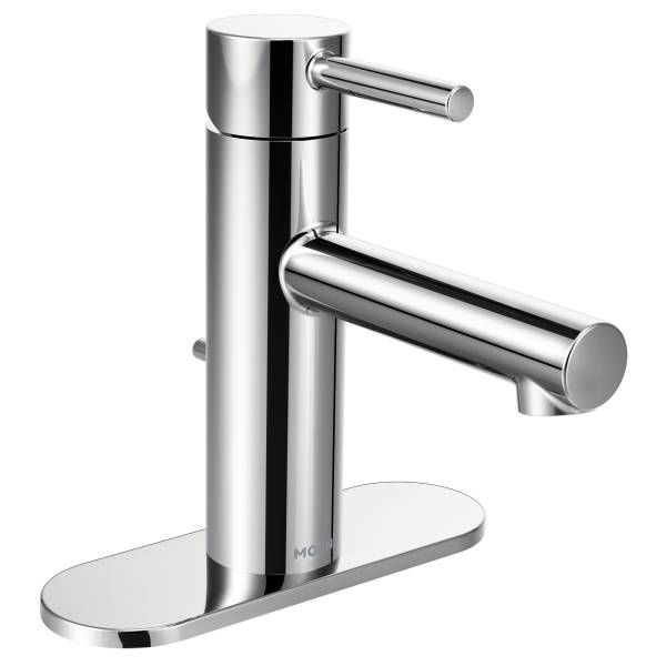 A chrome bathroom sink faucet with a handle on a white background.