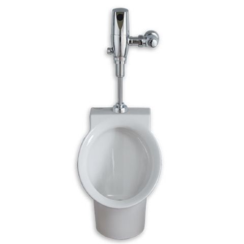 A white urinal with a chrome flush valve attached to it.