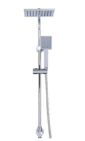 A shower head with a hose attached to it on a white background.