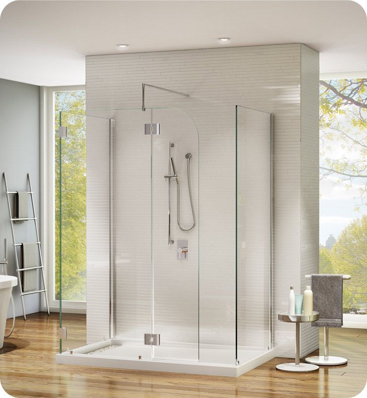 A bathroom with a walk in shower and a window