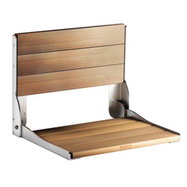 A wooden seat with a stainless steel frame on a white background