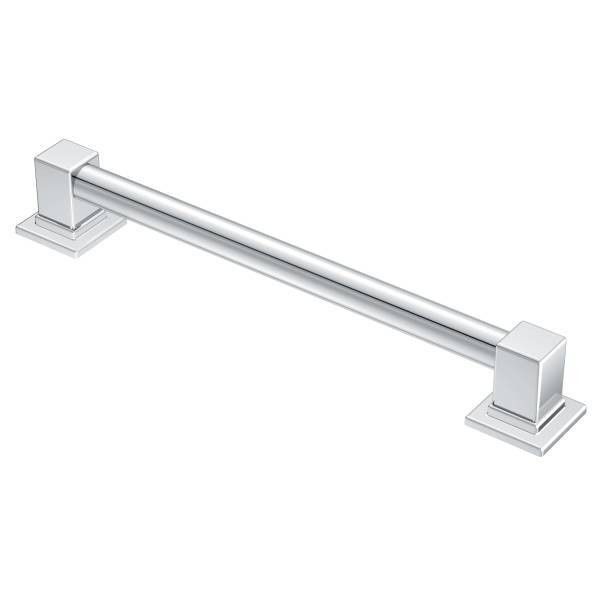 A chrome towel bar with a square base on a white background.