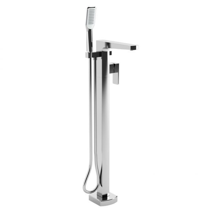 A chrome bathtub faucet with a hand shower attached to it.