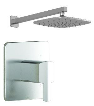 A square shower head is attached to a wall.