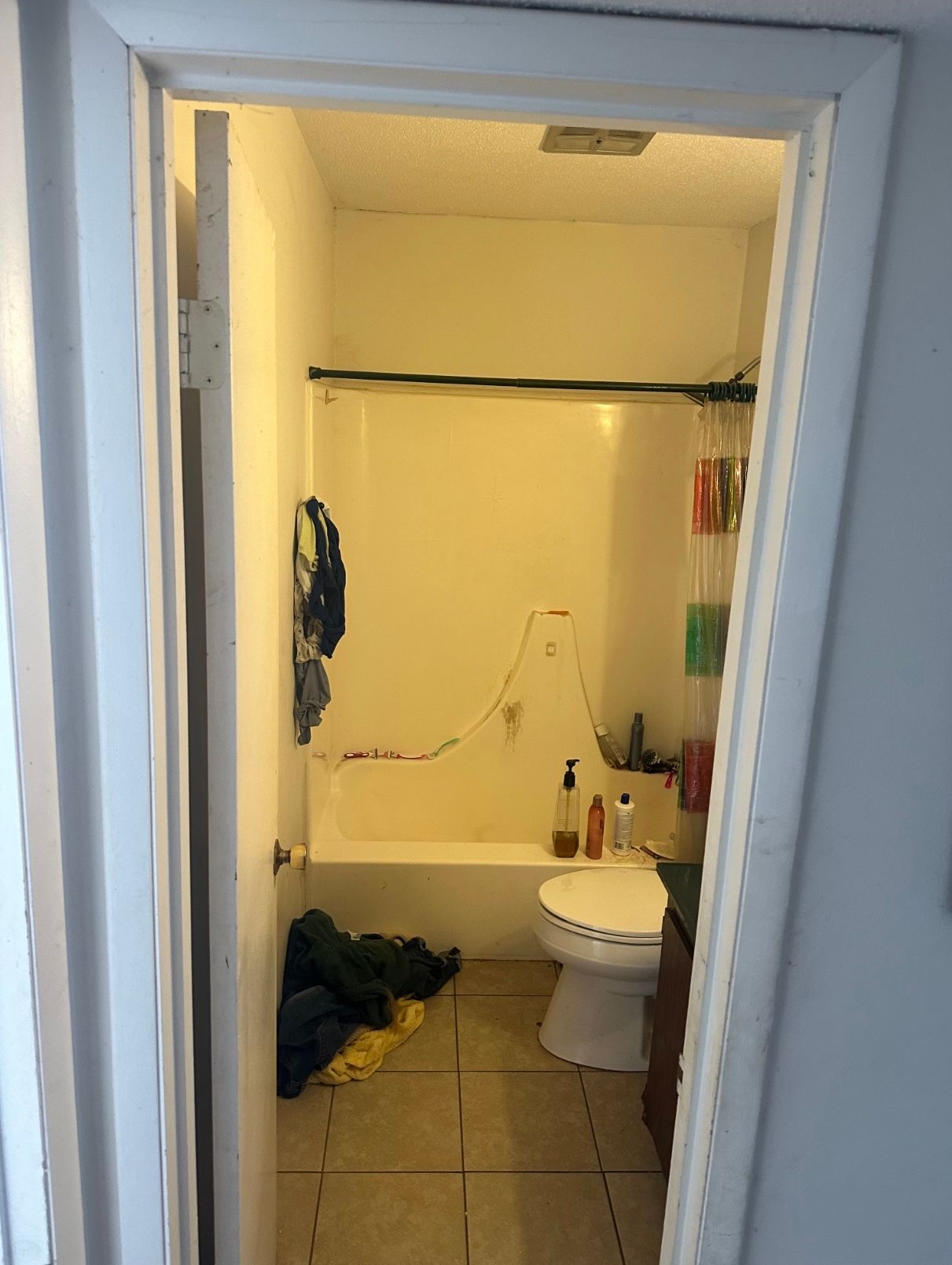 A bathroom with a toilet , tub and mirror.