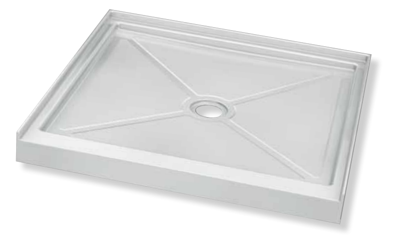 A white shower tray with a hole in the middle on a white background.