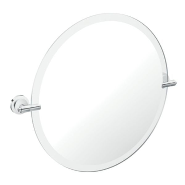 A round mirror with a chrome frame on a white background