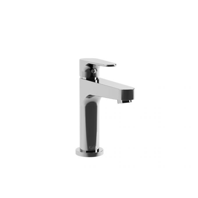 A chrome bathroom sink faucet on a white background.