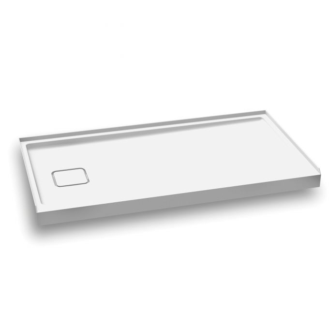 A white shower tray with a square hole in the middle on a white background.