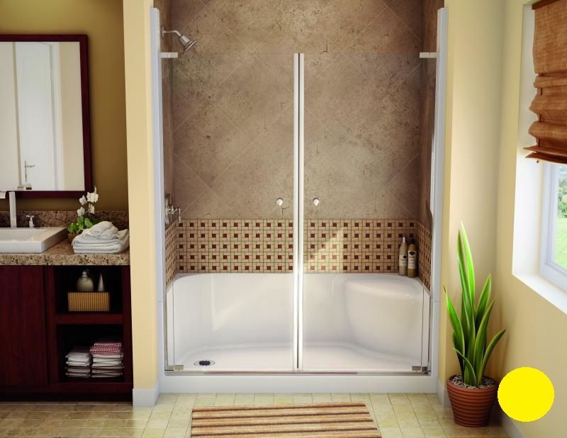 A bathroom with a bathtub and a shower stall