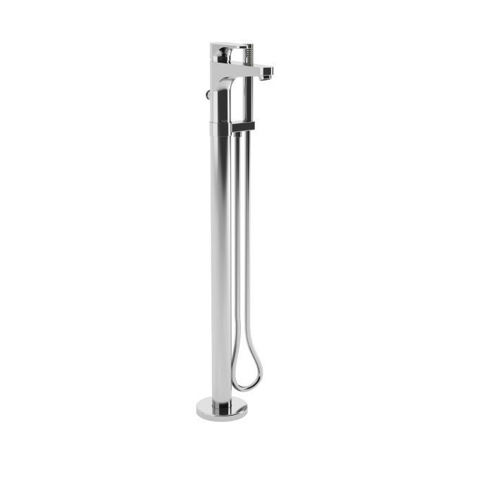 A chrome bathtub faucet with a hose attached to it.