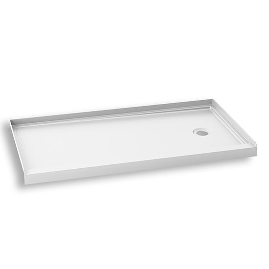 A white shower tray with a hole in the middle on a white background.