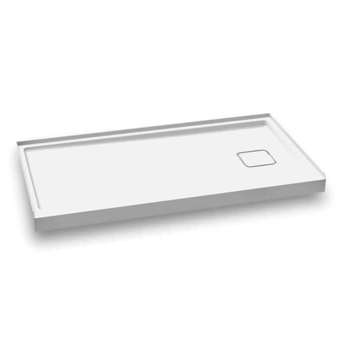 A white shower tray with a square hole in the middle on a white background.