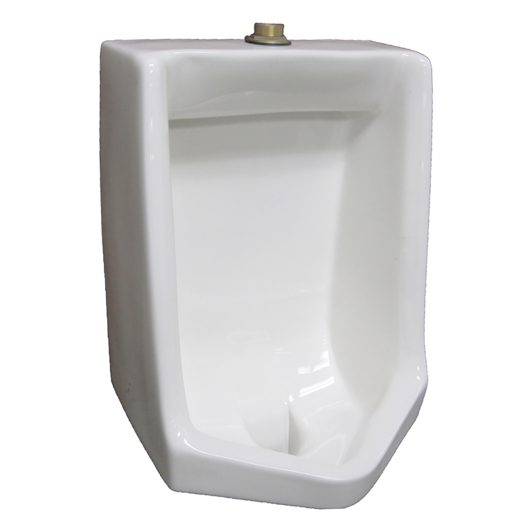 A white urinal with a brass faucet attached to it