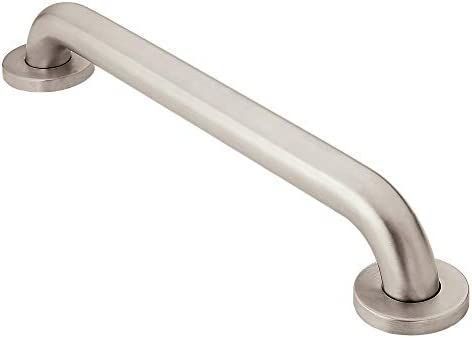 A stainless steel grab bar with a round base on a white background.
