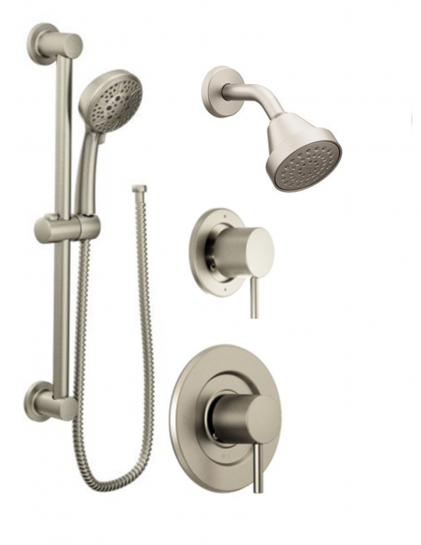 A stainless steel shower head with a hose attached to it