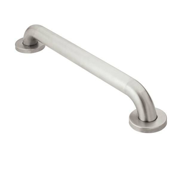 A stainless steel grab bar with a round base on a white background.