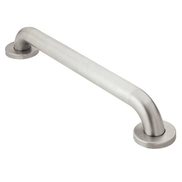 A stainless steel grab bar with a round base on a white background.