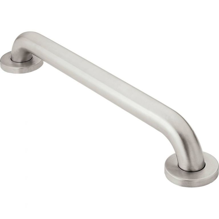 A stainless steel grab bar with a round base on a white background.
