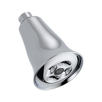 A close up of a chrome shower head on a white background