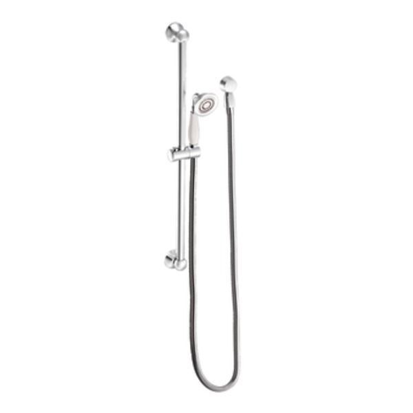 A shower head with a hose attached to it on a white background.