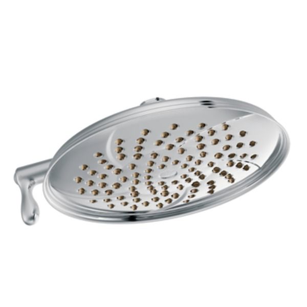A close up of a shower head on a white background