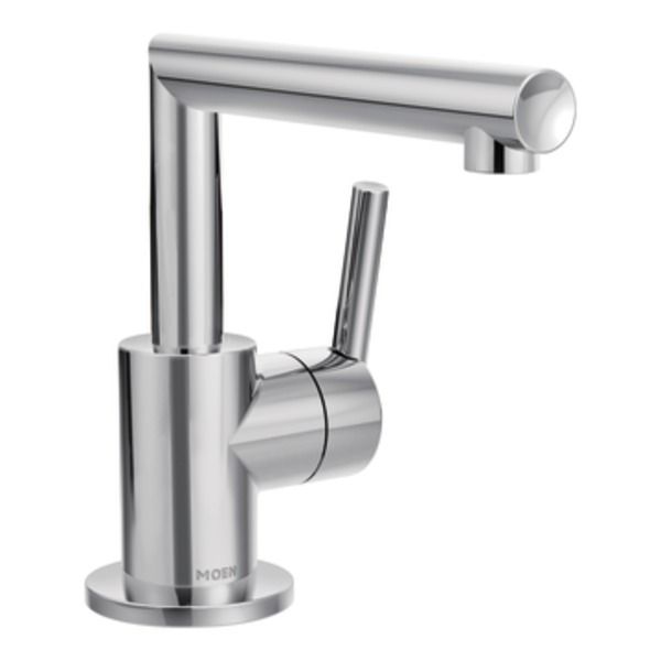 A stainless steel faucet with the letter f on it