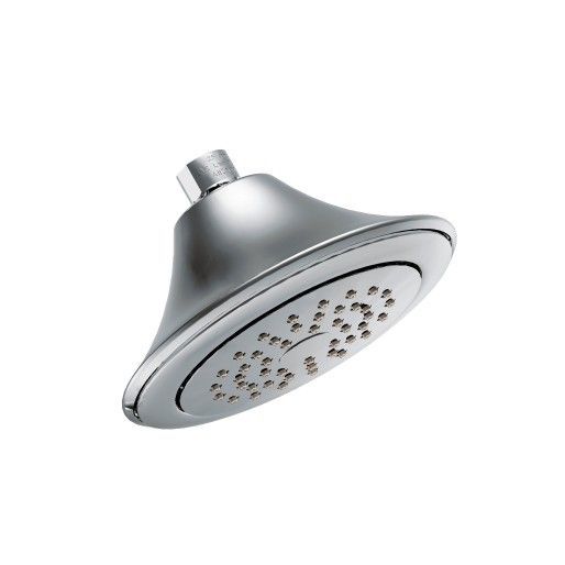A close up of a shower head on a white background