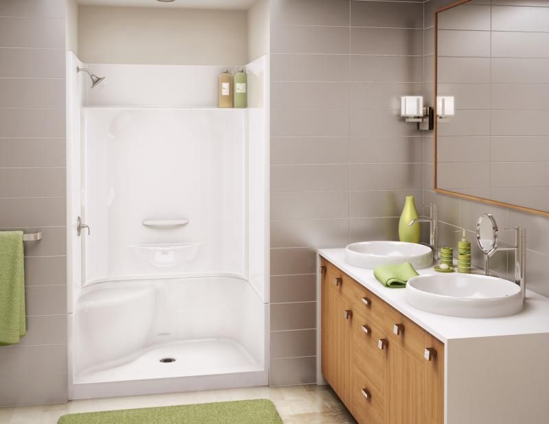 A bathroom with two sinks , a shower and a mirror.