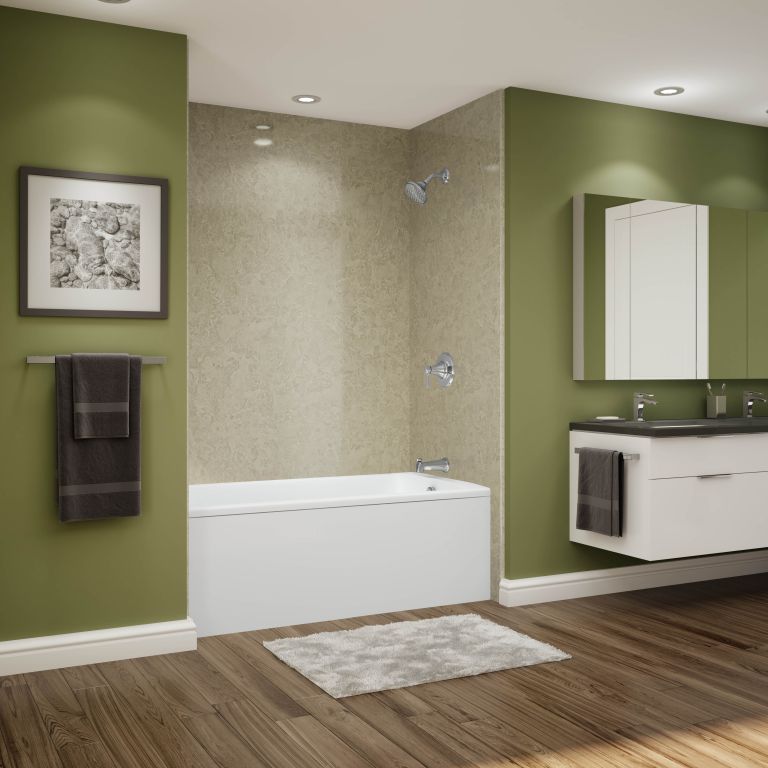 A bathroom with green walls and a bathtub