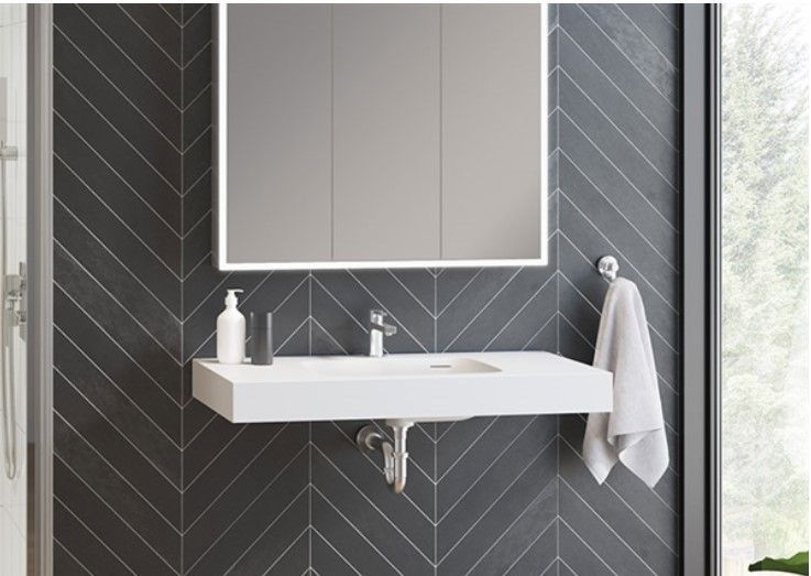 A bathroom with a sink and a mirror on the wall.