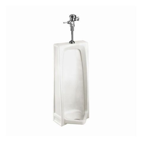 A white urinal with a flush valve on top of it.