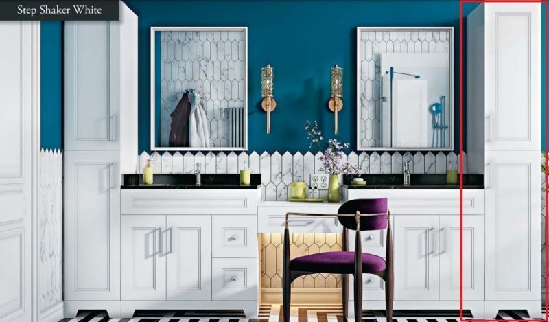 A bathroom with blue walls and white cabinets and a purple chair