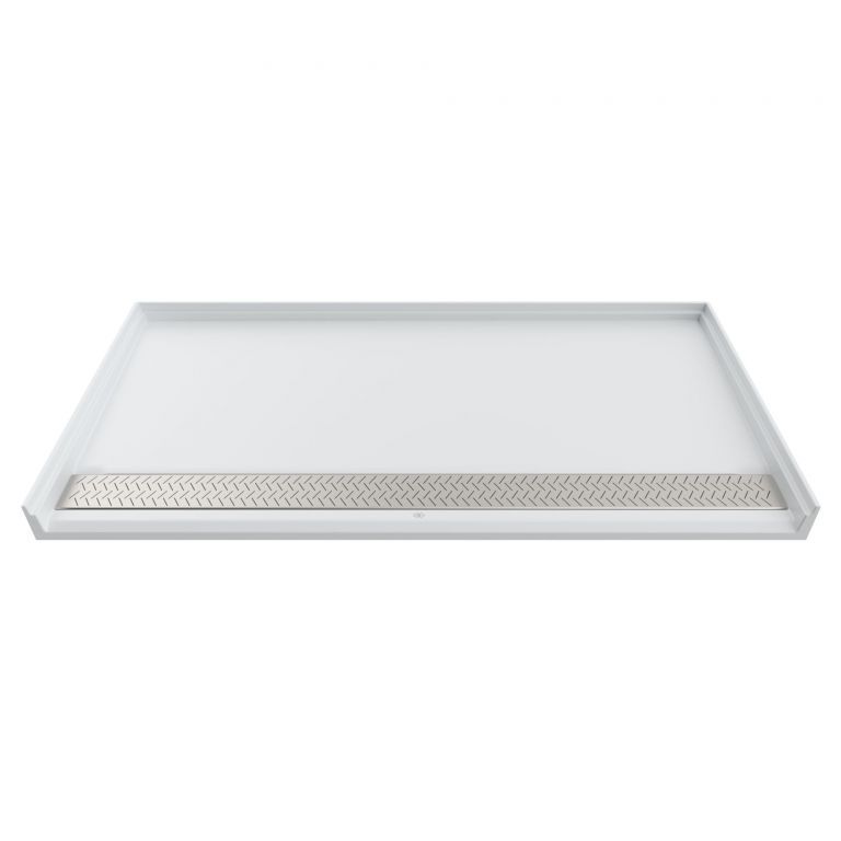 A white tray with a stainless steel drain on a white background.