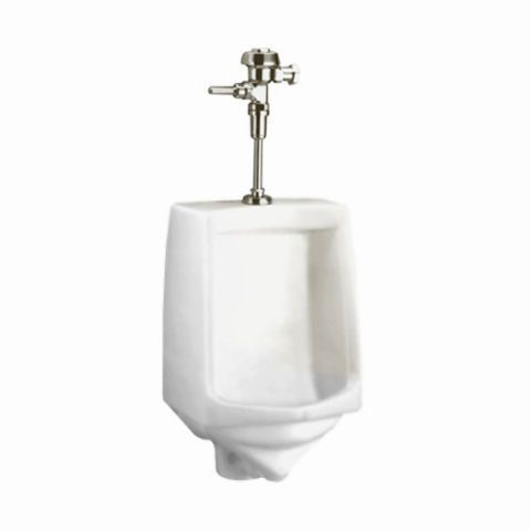 A white urinal with a chrome flange on a white background.