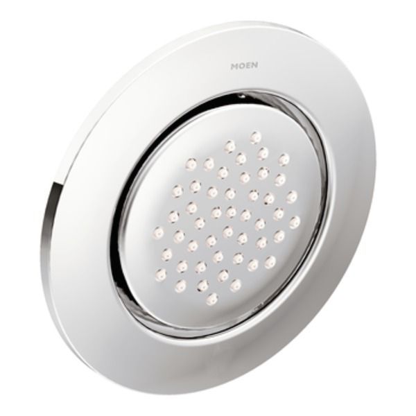 A shower head with the word moen on it